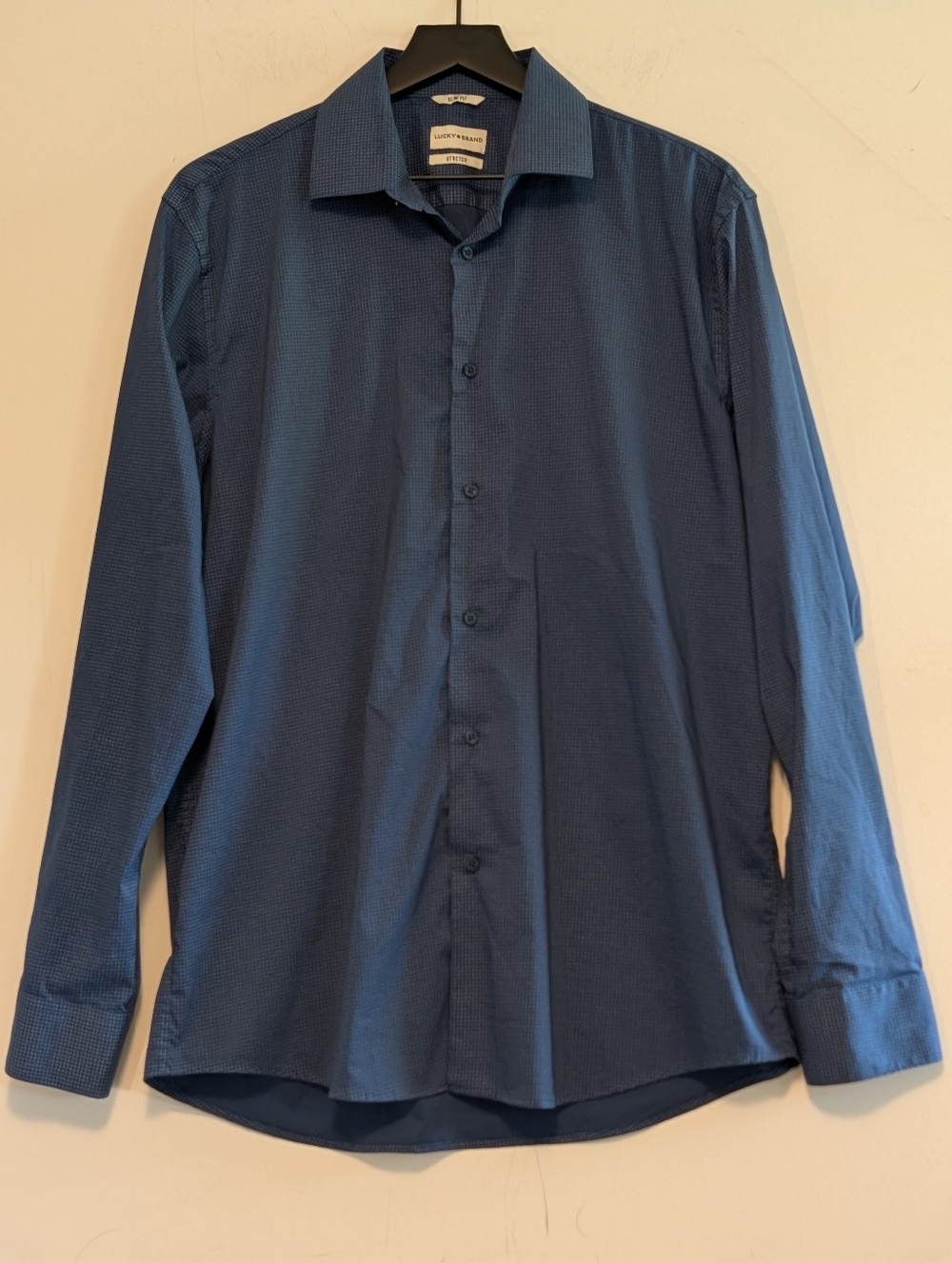Lucky Brand Mens Large Slim Fit Stretch Blue Button Up Shirt 16 34/35 Patterned